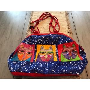Laurel Burch Blue Red Large Canvas Extra Large Travel Bag Duffle Vintage Cats